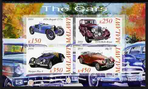 Malawi 2010 Cars #02 - Bugatti, Rolls Royce, MG & Morgan imperf sheetlet containing 4 values unmounted mint