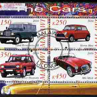 Malawi 2010 Cars #03 - Land Rover, Morris Mini & MG perf sheetlet containing 4 values fine cto used