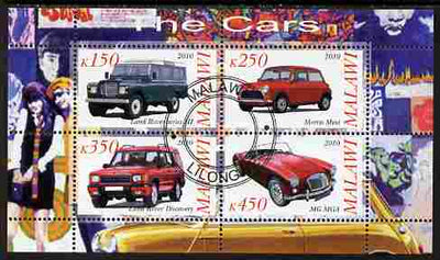 Malawi 2010 Cars #03 - Land Rover, Morris Mini & MG perf sheetlet containing 4 values fine cto used