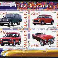 Malawi 2010 Cars #03 - Land Rover, Morris Mini & MG imperf sheetlet containing 4 values unmounted mint