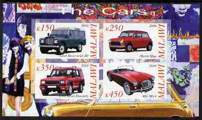 Malawi 2010 Cars #03 - Land Rover, Morris Mini & MG imperf sheetlet containing 4 values unmounted mint