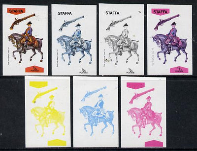 Staffa 1974 Military Uniforms (on Horseback) 1/2p (Royal Horse Guards 1742) set of 7 imperf progressive colour proofs comprising the 4 individual colours plus 2, 3 and all 4-colour composites unmounted mint