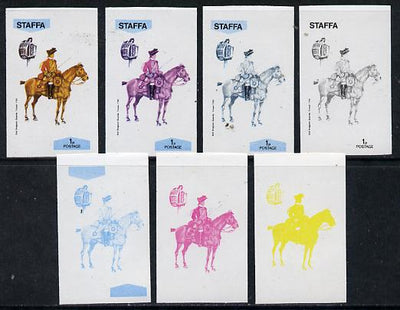 Staffa 1974 Military Uniforms (on Horseback) 1p (2nd Dragoons 1760) set of 7 imperf progressive colour proofs comprising the 4 individual colours plus 2, 3 and all 4-colour composites unmounted mint