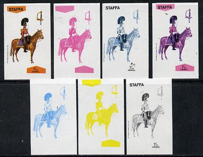 Staffa 1974 Military Uniforms (on Horseback) 7.5p (5th Dragoons 1851) set of 7 imperf progressive colour proofs comprising the 4 individual colours plus 2, 3 and all 4-colour composites unmounted mint