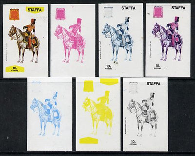 Staffa 1974 Military Uniforms (on Horseback) 10p (Bundelkund Legion 1847) set of 7 imperf progressive colour proofs comprising the 4 individual colours plus 2, 3 and all 4-colour composites unmounted mint