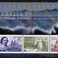 Australia 1999 Australia '99 Stamp Exhibition perf m/sheet #1 containing 3 x 45c Navigator stamps depicting Tasman, Cook & Flinders unmounted mint SG MS 1852a