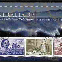 Australia 1999 Australia '99 Stamp Exhibition perf m/sheet #1 containing 3 x 45c Navigator stamps depicting Tasman, Cook & Flinders fine cds used SG MS 1852a