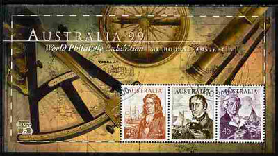 Australia 1999 Australia '99 Stamp Exhibition perf m/sheet #2 containing 3 x 45c Navigator stamps depicting Dampier, King & Bass fine cds used SG MS 1852b