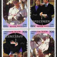Tuvalu - Nukulaelae 1986 Royal Wedding (Andrew & Fergie) 60c perf tete-beche block of 4 (2 se-tenant pairs) overprinted SPECIMEN in silver (Italic caps 26.5 x 3 mm) unmounted mint from Printer's uncut proof sheet