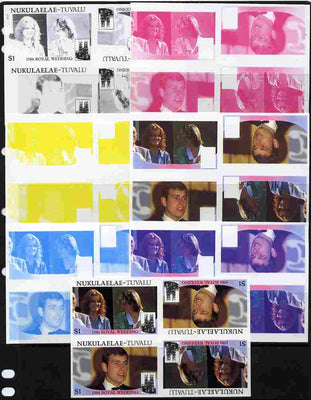 Tuvalu - Nukulaelae 1986 Royal Wedding (Andrew & Fergie) $1 tete-beche se-tenant block of 4 - set of 7 imperf progressive proofs comprising the 4 individual colours plus 2, 3 and all 4 colour composites unmounted mint (7 tete-bech……Details Below