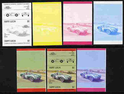 St Lucia 1984 Cars #2 (Leaders of the World) $2 Aston Martin DB3S (1954) se-tenant pair - the set of 7 imperf progressive proofs comprising the 4 individual colours plus 2, 3 and all 4-colour composite, unmounted mint as SG 757a