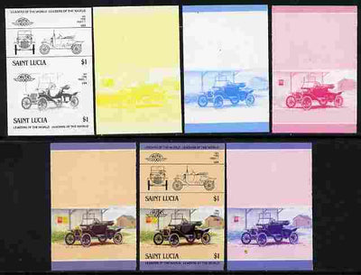 St Lucia 1984 Cars #2 (Leaders of the World) $1 Ford Model 'T' (1914) se-tenant pair - the set of 7 imperf progressive proofs comprising the 4 individual colours plus 2, 3 and all 4-colour composite, unmounted mint as SG 755a