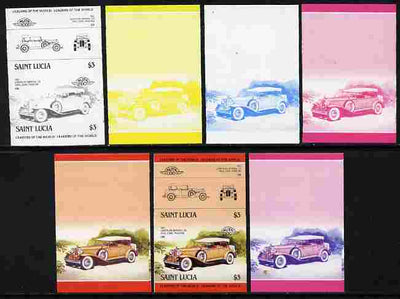 St Lucia 1984 Cars #2 (Leaders of the World) $3 Chrysler Imperial (1931) se-tenant pair - the set of 7 imperf progressive proofs comprising the 4 individual colours plus 2, 3 and all 4-colour composite, unmounted mint as SG 759a