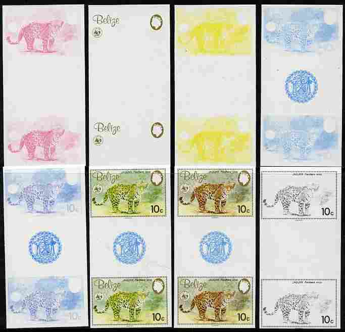 Belize 1983 WWF - Jaguar 10c (Adult Jaguar) inter-paneau gutter pair - the set of 8 imperf progressive proofs comprising the 5 individual colours plus 2, 4 and all 5-colour composites, unmounted mint as SG 757