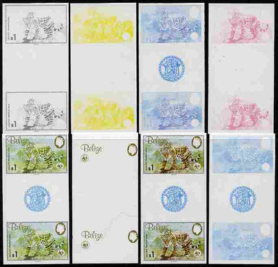 Belize 1983 WWF - Jaguar $1 (Jaguar on rock) inter-paneau gutter pair - the set of 8 imperf progressive proofs comprising the 5 individual colours plus 2, 4 and all 5-colour composites, unmounted mint as SG 759