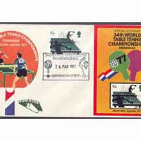 Great Britain 1977 Racket Sports 10p (Table-Tennis) on illustrated commem cover cancelled with special cancel for 34th World Table-Tennis Championships plus souvenir label