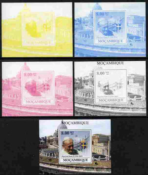 Mozambique 2009 Pope John Paul II #1 individual deluxe sheet - the set of 5 imperf progressive proofs comprising the 4 individual colours plus all 4-colour composite, unmounted mint