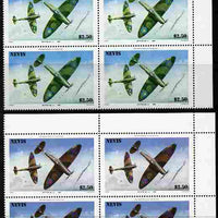 Nevis 1986 Spitfire $2.50 (Mark 1A in Battle of Britain) with red omitted plus normal each in unmounted mint matched corner blocks from the top of the sheet as SG 373.,