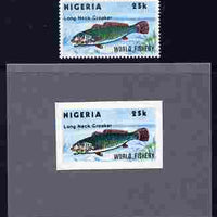 Nigeria 1983 World Fisheries 25k (Long Neck Croaker) imperf machine proof as issued mounted on grey card plus issued normal