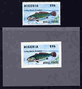 Nigeria 1983 World Fisheries 25k (Long Neck Croaker) imperf machine proof as issued mounted on grey card plus issued normal