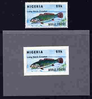 Nigeria 1983 World Fisheries 25k (Long Neck Croaker) imperf machine proof as issued mounted on grey card plus issued normal