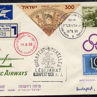 Israel 1958 Olympic Airways reg first flight cover to Hungary bearing 1957 Stamp Exhibition triangular & Plane over Olive Tree Stamps (SG 76 & 141) various handstamps & backstamps (illustrated with Olympic Rings)