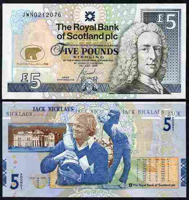 Great Britain - Scotland 2005 Jack Nicklaus £5 note issued by Royal Bank of Scotland unfolded and fine