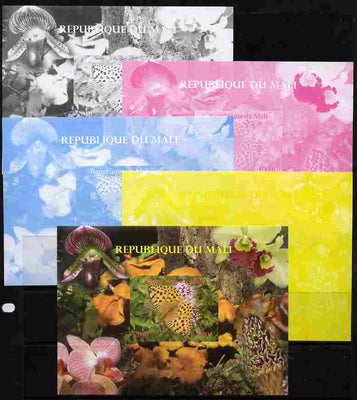 Mali 2010 Butterflies #02 with Orchids & Fungi in background s/sheet - the set of 5 imperf progressive proofs comprising the 4 individual colours plus all 4-colour composite, unmounted mint