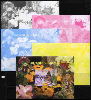 Mali 2010 Butterflies #03 with Orchids & Fungi in background s/sheet - the set of 5 imperf progressive proofs comprising the 4 individual colours plus all 4-colour composite, unmounted mint