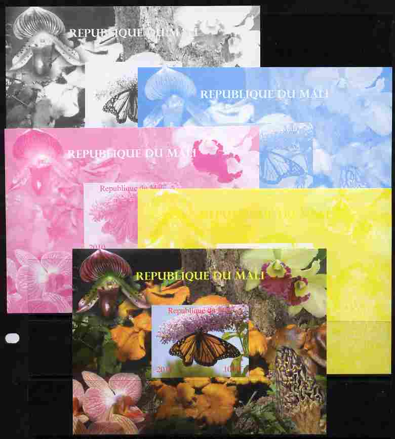 Mali 2010 Butterflies #04 with Orchids & Fungi in background s/sheet - the set of 5 imperf progressive proofs comprising the 4 individual colours plus all 4-colour composite, unmounted mint