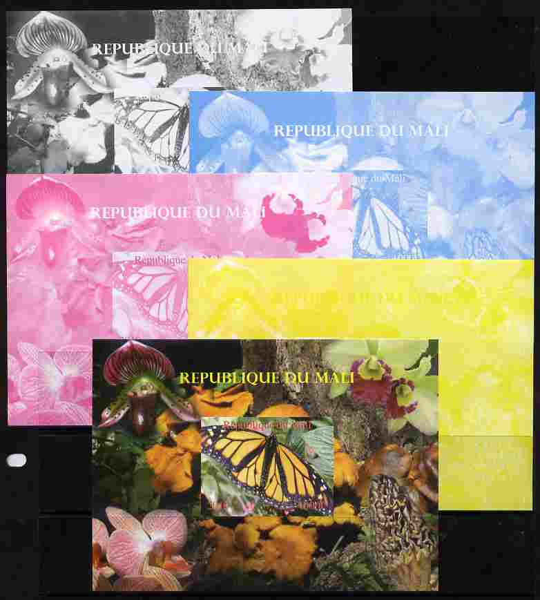 Mali 2010 Butterflies #06 with Orchids & Fungi in background s/sheet - the set of 5 imperf progressive proofs comprising the 4 individual colours plus all 4-colour composite, unmounted mint