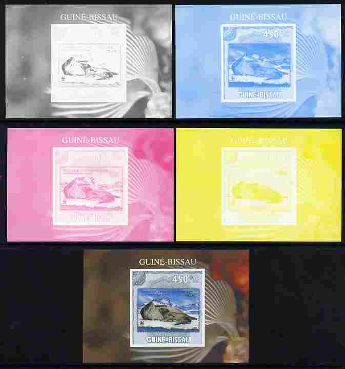 Guinea - Bissau 2010 WWF - Stamp On Stamp #1 - Leopard Seal (AAT) individual deluxe sheet - the set of 5 imperf progressive proofs comprising the 4 individual colours plus all 4-colour composite, unmounted mint