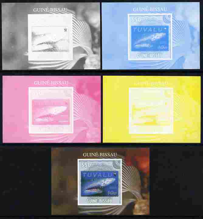 Guinea - Bissau 2010 WWF - Stamp On Stamp #2 - Tiger Shark (Tuvalu) individual deluxe sheet - the set of 5 imperf progressive proofs comprising the 4 individual colours plus all 4-colour composite, unmounted mint