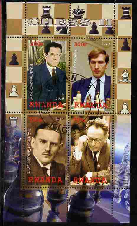 Rwanda 2010 Chess Masters #2 perf sheetlet containing 4 values fine cto used