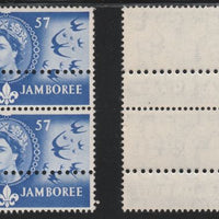 Great Britain 1957 World Scout Jamboree 4d unmounted mint vertical pair with perforations doubled (stamps are quartered). Note: the stamps are genuine but the additional perfs are a slightly different gauge identifying it to be a forgery.