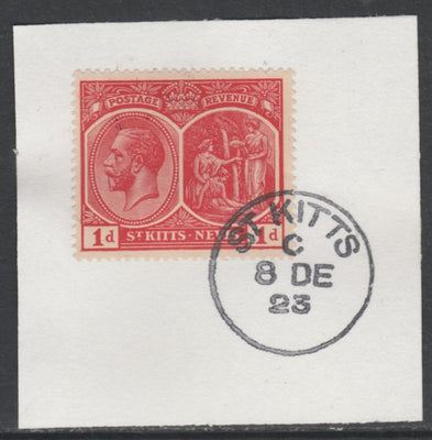 St Kitts-Nevis 1920-22 KG5 Medicinal Spring 1d scarlet SG25/38 on piece with full strike of Madame Joseph forged postmark type 347