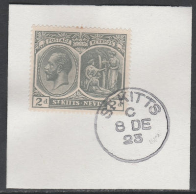 St Kitts-Nevis 1920-22 KG5 Medicinal Spring 2d slate-grey SG25/41 on piece with full strike of Madame Joseph forged postmark type 347