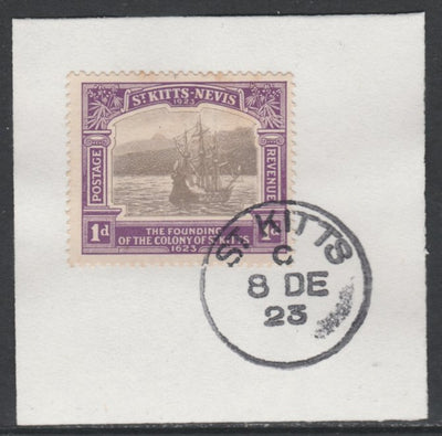 St Kitts-Nevis 1923 KG5 Tercentenary 1d SG 49 on piece with full strike of Madame Joseph forged postmark type 347