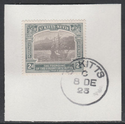 St Kitts-Nevis 1923 KG5 Tercentenary 2d SG 51 on piece with full strike of Madame Joseph forged postmark type 347