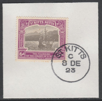 St Kitts-Nevis 1923 KG5 Tercentenary 6d SG 54 on piece with full strike of Madame Joseph forged postmark type 347