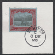 St Kitts-Nevis 1923 KG5 Tercentenary 2s6d SG 57 on piece with full strike of Madame Joseph forged postmark type 347