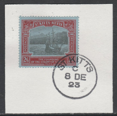 St Kitts-Nevis 1923 KG5 Tercentenary 2s6d SG 57 on piece with full strike of Madame Joseph forged postmark type 347