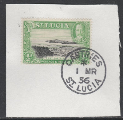 St Lucia 1936 KG5 Pictorial 1/2d black & green SG 113 on piece with full strike of Madame Joseph forged postmark type 359