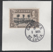 St Lucia 1936 KG5 Pictorial 1d black & brown SG 114 on piece with full strike of Madame Joseph forged postmark type 359