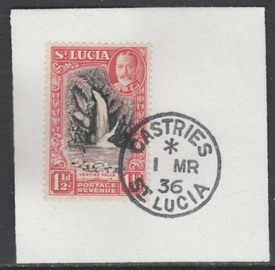 St Lucia 1936 KG5 Pictorial 1.5d black & scarlet SG 115 on piece with full strike of Madame Joseph forged postmark type 359