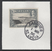 St Lucia 1936 KG5 Pictorial 2d black & grey SG 116 on piece with full strike of Madame Joseph forged postmark type 359