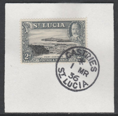 St Lucia 1936 KG5 Pictorial 2d black & grey SG 116 on piece with full strike of Madame Joseph forged postmark type 359