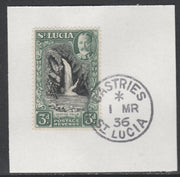 St Lucia 1936 KG5 Pictorial 3d black & dull green SG 118 on piece with full strike of Madame Joseph forged postmark type 359