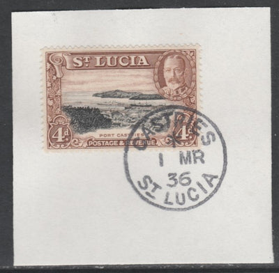 St Lucia 1936 KG5 Pictorial 4d black & red-brown SG 119 on piece with full strike of Madame Joseph forged postmark type 359