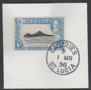 St Lucia 1936 KG5 Pictorial 1s black & light blue SG 121 on piece with full strike of Madame Joseph forged postmark type 359